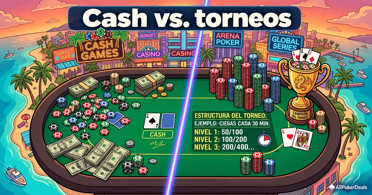 Cash vs. torneos: mesa ilustrada dividida entre fichas y billetes de cash, y stacks de torneo con un trofeo.