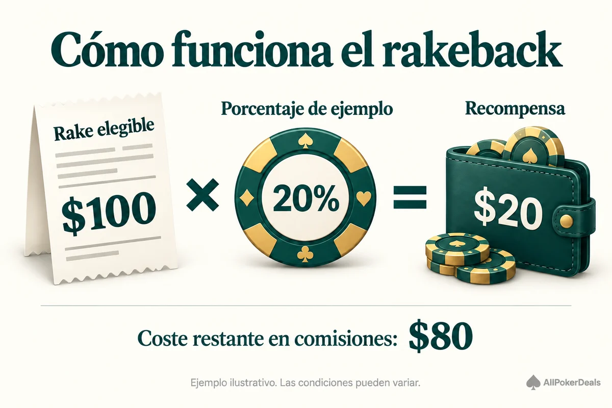 Cálculo ilustrativo del rakeback: $100 de rake elegible multiplicados por el 20% dan $20 de recompensa y dejan $80 de coste en comisiones.